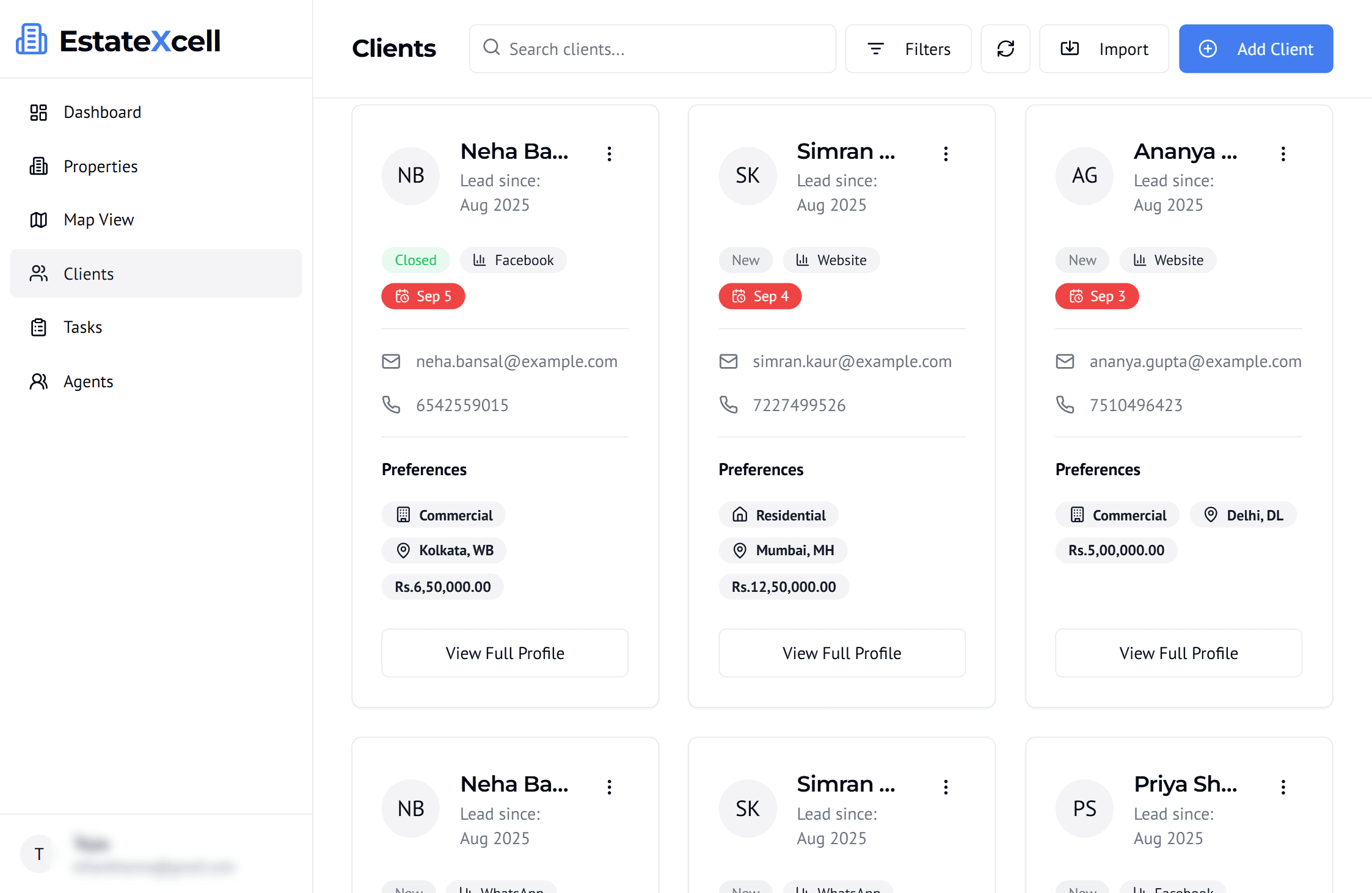EstateXcell Clients screen with lead stage, source, follow-up date and preferences